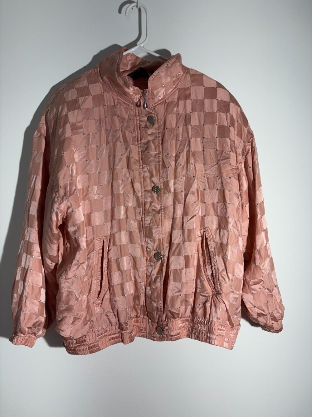 Vtg 90s Mureli 100% Silk Pink Checkerboard Silver Glitter Bomber Jacket L